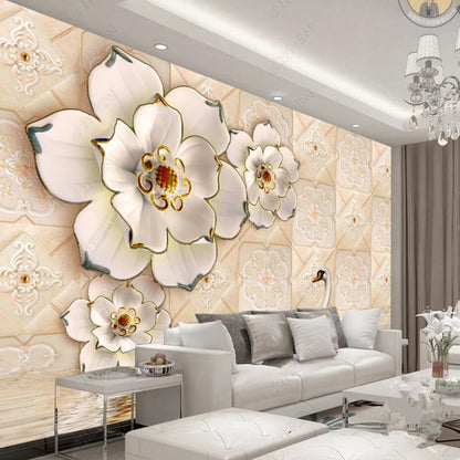 Original Modern Minimalist 3D Relief Swans Flowers Floral Wallpaper Wall Mural Wall Covering
