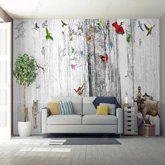 Abstract Sketch Grey Tree Forest with Animals Wallpaper Wall Mural Home Decor