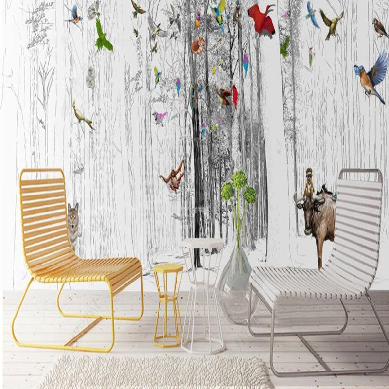 Abstract Sketch Grey Tree Forest with Animals Wallpaper Wall Mural Home Decor