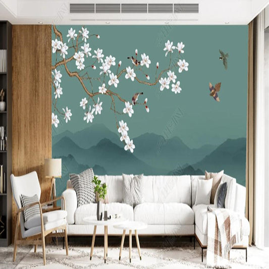 Chinoiserie Green Background Flowers Blossom Magnolia Wallpaper Wall Mural