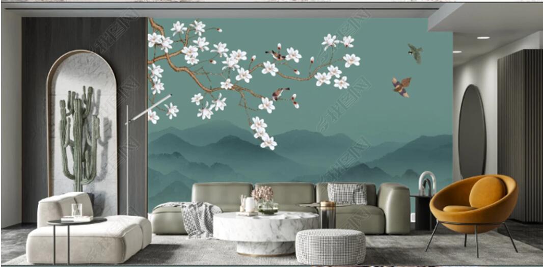 Chinoiserie Green Background Flowers Blossom Magnolia Wallpaper Wall Mural