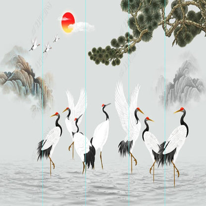 Chinoiserie Cranes Pine Tree Mountains Landscape Wallpaper Wall Mural Wallpaper Wall Covering