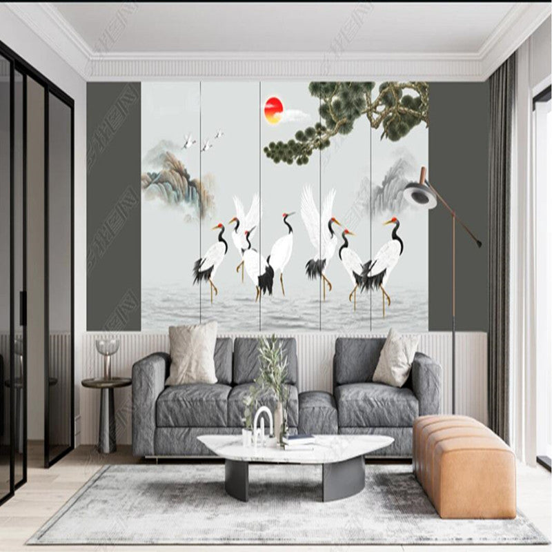 Chinoiserie Cranes Pine Tree Mountains Landscape Wallpaper Wall Mural Wallpaper Wall Covering