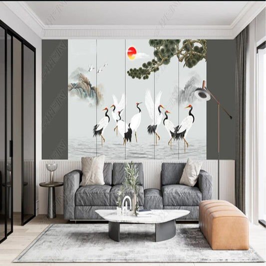 Chinoiserie Cranes Pine Tree Mountains Landscape Wallpaper Wall Mural Wallpaper Wall Covering