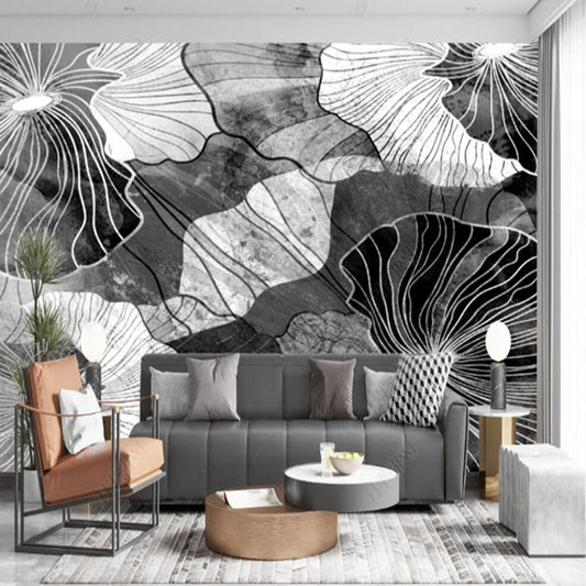 Modern Sketch Black and White Lotus Leaves Wallpaper Wall Mural Home Decor