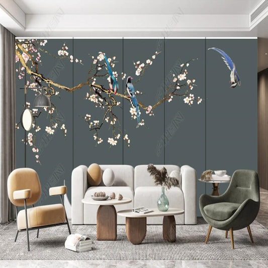 Chinoserie Cherry Blossom Branch Flowers and Birds Wall Covering Wallpaper Wall Mural