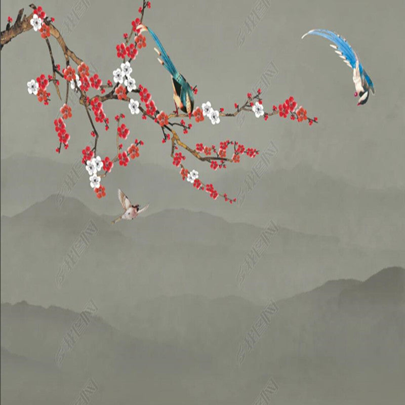 Chinoiserie Cherry Flowers Blossom Branch Flowers and Birds Wallpaper Wall Mural