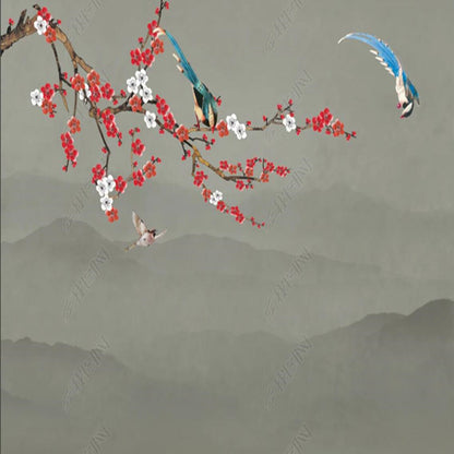 Chinoiserie Cherry Flowers Blossom Branch Flowers and Birds Wallpaper Wall Mural