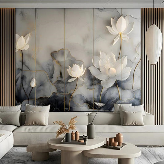 Simple White Lotus Marble Background Wallpaper Wall Mural Home Decor