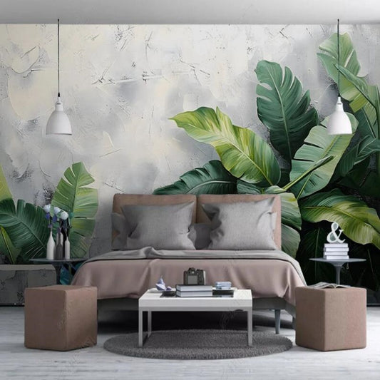 Tropical Banana Leaf Grey Background Wallpaper Wall Mural Home Decor