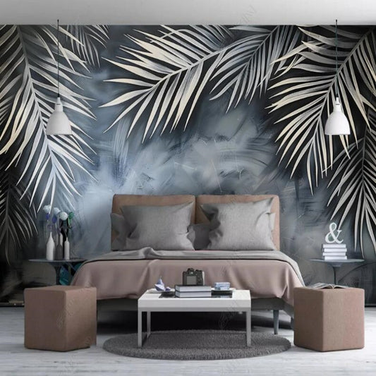 Tropical Palm Leaf Plants Grey Background Wallpaper Wall Mural Home Decor