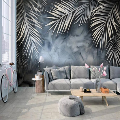 Tropical Palm Leaf Plants Grey Background Wallpaper Wall Mural Home Decor