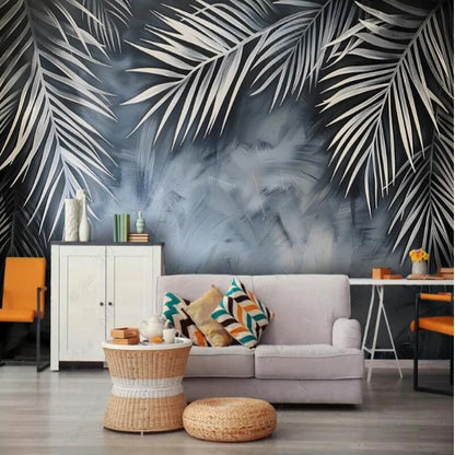 Tropical Palm Leaf Plants Grey Background Wallpaper Wall Mural Home Decor