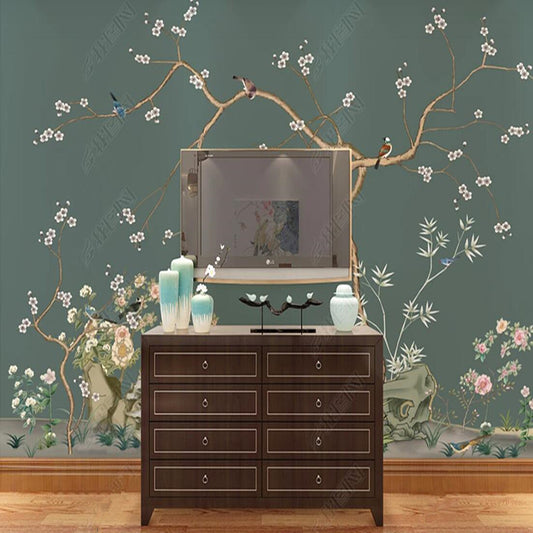 Chinoiserie Cherry Blossom Vines Flowers and Birds Floral Wallpaper Wall Mural
