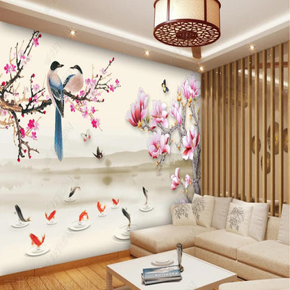 Chinoiserie Pink Magnolia Flowers Branch Finishes Wallpaper Wall Mural Wall Covering