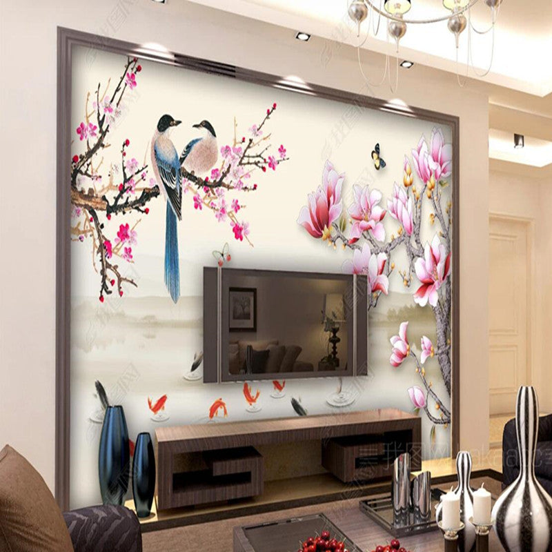 Chinoiserie Pink Magnolia Flowers Branch Finishes Wallpaper Wall Mural Wall Covering