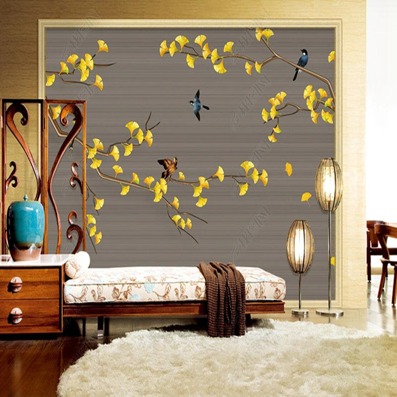 Chinoiserie Ginkgo Leaves Branch  Wallpaper Wall Mural Wall Covering