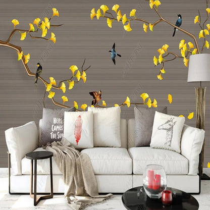 Chinoiserie Ginkgo Leaves Branch  Wallpaper Wall Mural Wall Covering