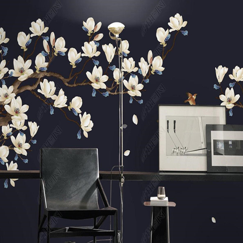 Chinoiserie White Magnolia Flowers Branch Wallpaper Wall Mural Wall Covering