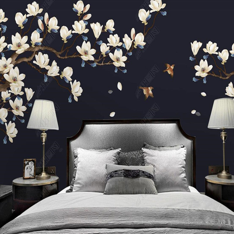 Chinoiserie White Magnolia Flowers Branch Wallpaper Wall Mural Wall Covering