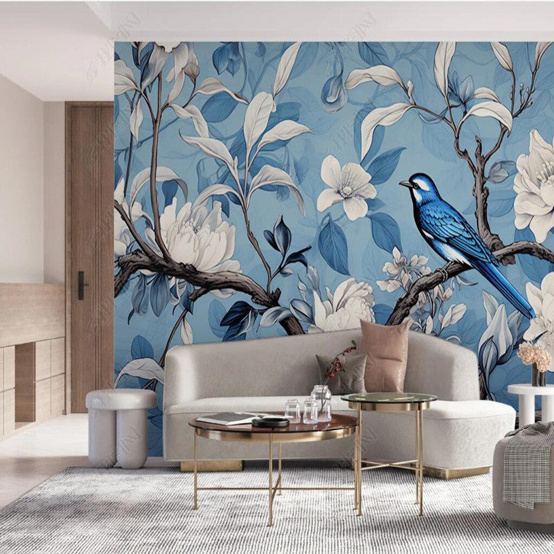 Chinoiserie White Magnolia Flowers Branch Blue Background Wallpaper Wall Mural Wall Covering
