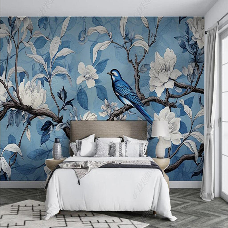 Chinoiserie White Magnolia Flowers Branch Blue Background Wallpaper Wall Mural Wall Covering
