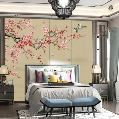 Chinoiserie Pink Cherry Blossom Flowers Branch Wallpaper Wall Mural Wall Covering
