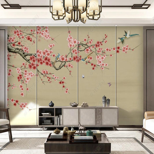 Chinoiserie Pink Cherry Blossom Flowers Branch Wallpaper Wall Mural Wall Covering