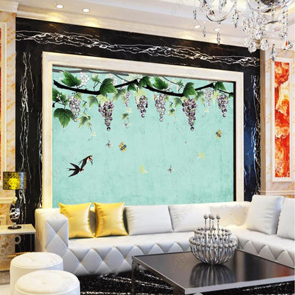 Chinoiserie Grape Vine Fruits Leaves Wallpaper Wall Mural Wall Covering