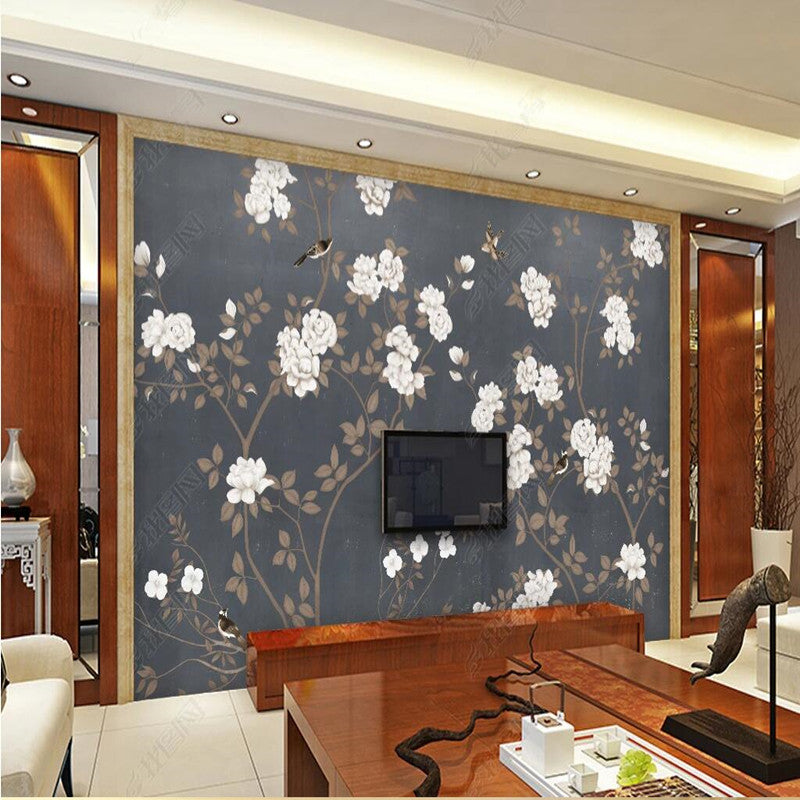 Chinoiserie White Magnolia Blossom Flowers Vines Wallpaper Wall Mural Wall Covering
