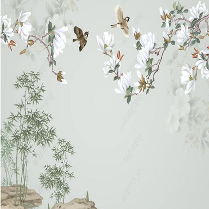 Chinoiserie White Magnolia Blossom Flowers Branch Wallpaper Wall Mural Wall Covering