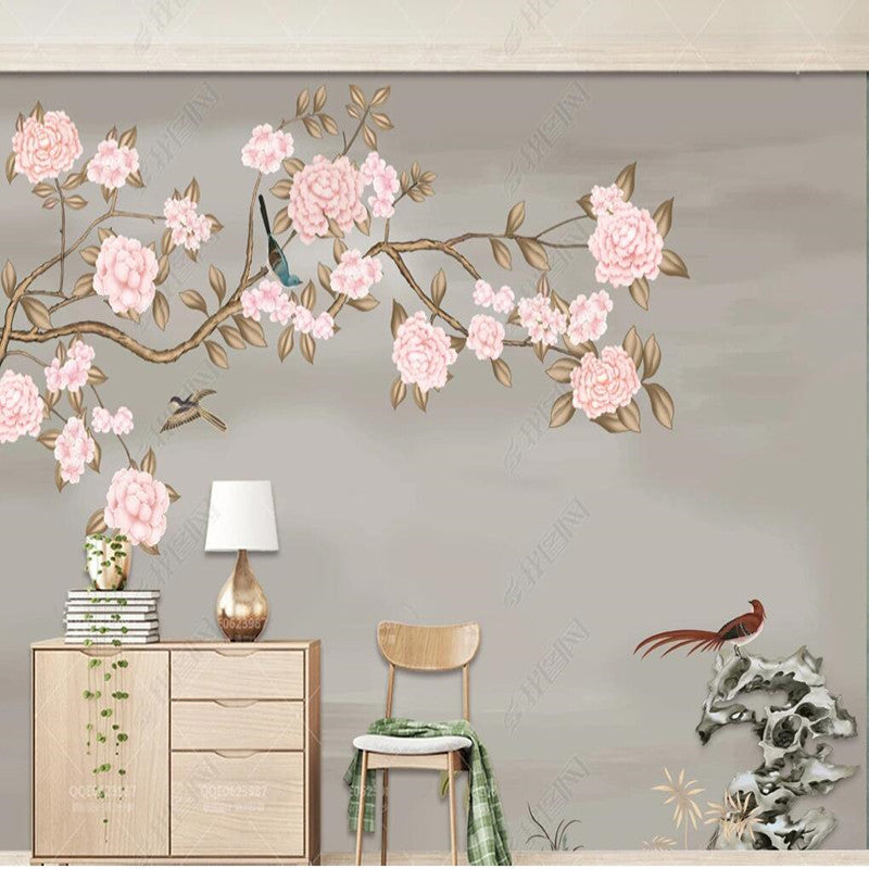 Chinoiserie Peonies Blossom Flowers Branch Wallpaper Wall Mural Wall Covering