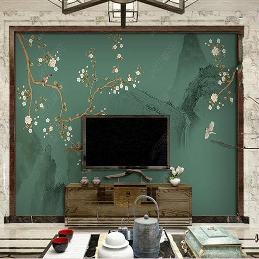 Chinoiserie Green Background Cherry Blossom Flowers Branch Wallpaper Wall Mural Wall Covering