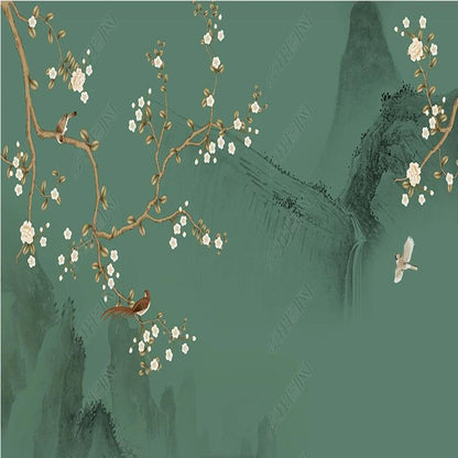 Chinoiserie Green Background Cherry Blossom Flowers Branch Wallpaper Wall Mural Wall Covering