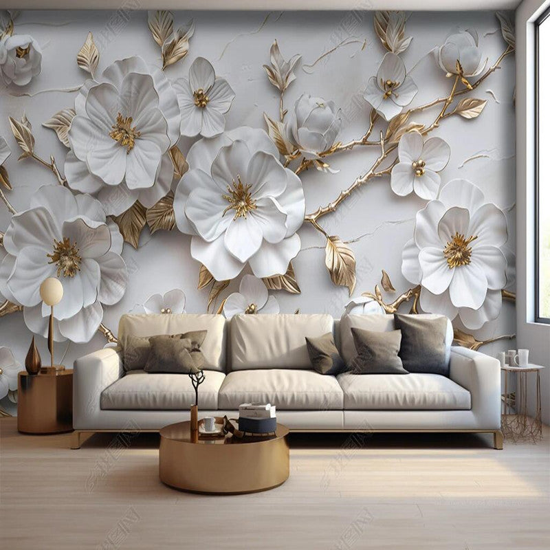 Luxury 3D White Flowers Floral Wallpaper Wall Mural Wall Covering