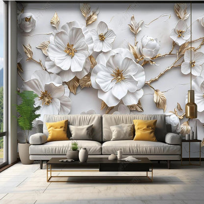 Luxury 3D White Flowers Floral Wallpaper Wall Mural Wall Covering