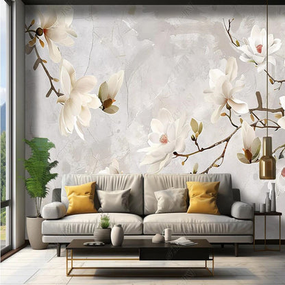 Delicate 3D White Magnolia Flowers Floral Wallpaper Wall Mural Wall Covering