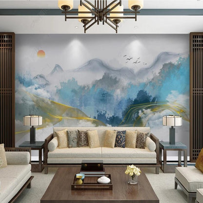 Modern Blue Mountains with Flying Birds Nature Landscape Wallpaper Wall Mural Home Decor