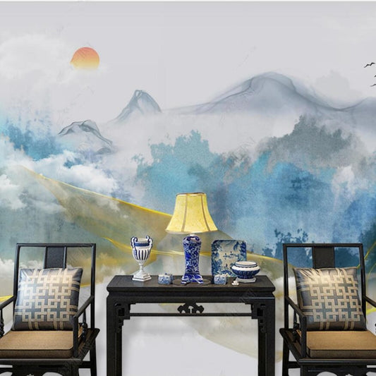 Modern Blue Mountains with Flying Birds Nature Landscape Wallpaper Wall Mural Home Decor