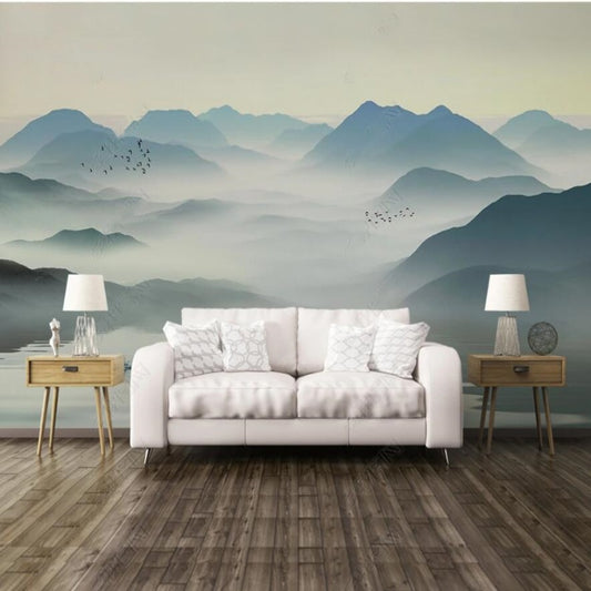 Modern Blue Mountains with Flying Birds Nature Landscape Wallpaper Wall Mural Home Decor）