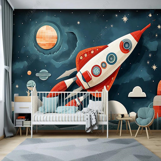 Original Creative Abstract Cartoon Space Planet Rocket Nursery Wallpaper Wall Mural