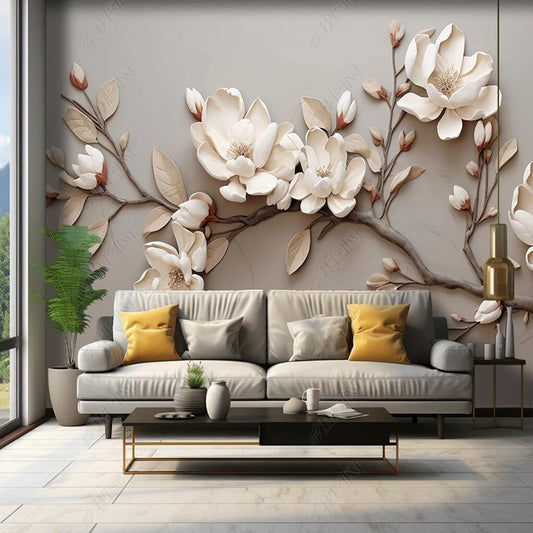 Delicate 3D White Magnolia Flowers Floral Wallpaper Wall Mural Wall Covering