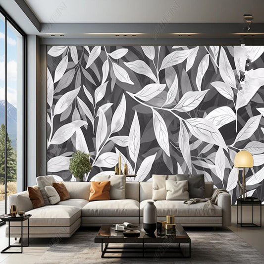 Modern Minimalism Gray Leaves Wallpaper Wall Mural Wall Covering Home Decor