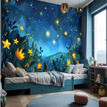 Original Creative Abstract Cartoon Blue Clouds Cloudy Stars Nursery Wallpaper Wall Mural