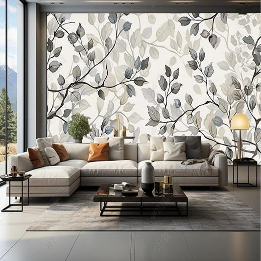 Modern Minimalism Gray Leaves Leaf Wallpaper Wall Mural Wall Covering Home Decor