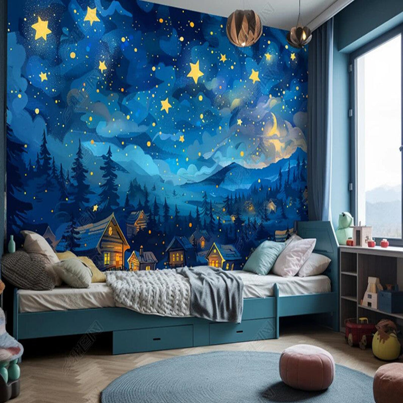 Cartoon Blue Sky Clouds Stars Nursery Wallpaper Wall Mural Home Decor
