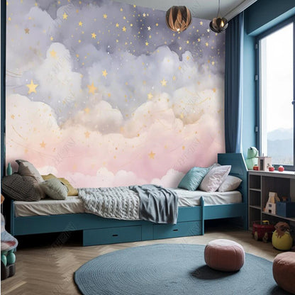 Original Creative Abstract Cartoon Pink Clouds Cloudy Stars Nursery Wallpaper Wall Mural