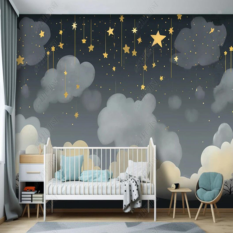 Original Creative Abstract Cartoon Gray Clouds Cloudy Stars Nursery Wallpaper Wall Mural