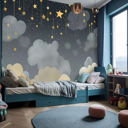 Original Creative Abstract Cartoon Gray Clouds Cloudy Stars Nursery Wallpaper Wall Mural