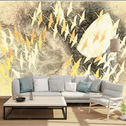Chinoserie Yellow Flying Birds Wallpaper Wall Mural Home Decor